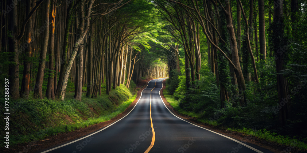 Obraz premium Serene road winds through lush, green forest, creating peaceful and inviting atmosphere