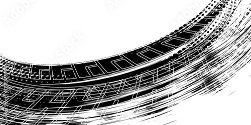 Tire tread marks, wheel textures, tire marks - car racing, motocross, drift, rally, off-road and others. Vector black isolated texture in grunge style with splashes.eps10