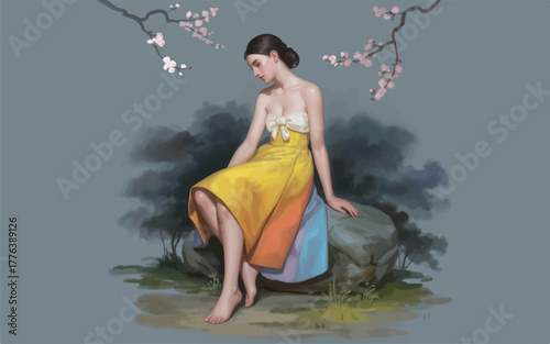 Whispers Beneath the Blossoms A Young Woman in a Three-Toned Dress of Sunrise and Sky Sits Barefoot on a Boulder, Lost in Thought as Cherry Petals Drift Through the Mist of a Gentle Gray Morning.