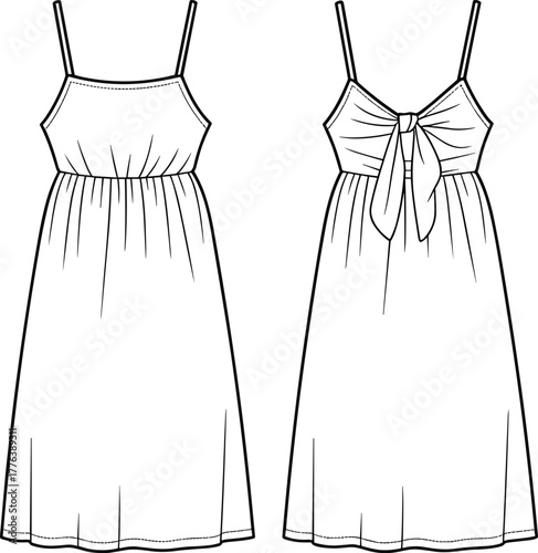 Sleeveless spaghetti strap dress fashion flat sketch, bow back detail, gathered bodice with flared skirt, technical clothing illustration, apparel template vector