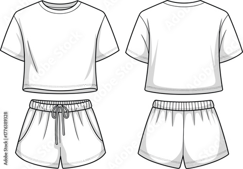 Two piece casual outfit fashion flat sketch, cropped t shirt with drawstring shorts, technical clothing illustration, apparel design template vector