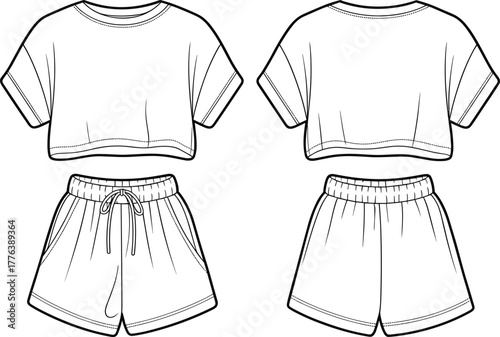 Two piece casual outfit sketch, cropped T shirt with drawstring shorts, fashion flat illustration, garment technical drawing, clothing design template