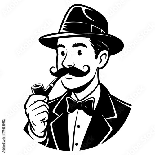 A vintage-style portrait of a classic gentleman with a mustache and pipe. Dressed in a suit and hat, this character evokes a sense of sophistication and mystery.