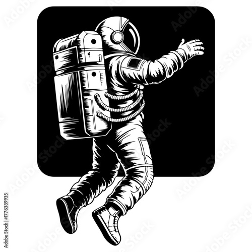 A detailed illustration of an astronaut floating in the vastness of space. A classic depiction of space exploration, adventure, and the wonders of the cosmos.