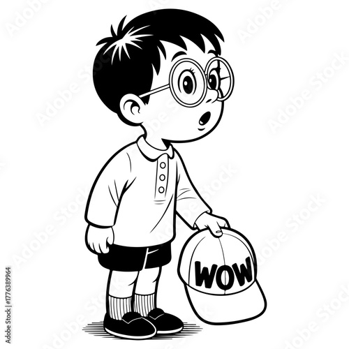A cartoon drawing of a young boy with glasses looking surprised. The child holds a cap, capturing a moment of wonder and amazement. Cute character for kids' themes.