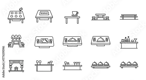 catering service elements icons food serving tables buffet tables and picnic tables for events parties or restaurant promotion materials