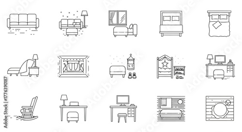 furniture icons interior design elements showcasing couch bed desk chair and more ideal for architecture blogs or home decor websites.
