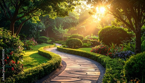 Fototapeta Naklejka Na Ścianę i Meble -  Sunny garden path with lush foliage.