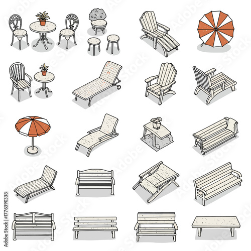 Outdoor furniture set chairs tables lounge and bench seating for patio design  relaxation promoting outdoor living garden decor summer fun and comfort.
