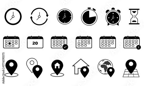 Time, Calendar, and Location Icons Set – Flat Vector Design