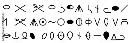 a collection of abstract symbols and glyphs arranged in rows on a transparent background. Vector stock.