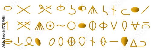 The image displays three rows of unique, golden abstract symbols on a transparent  background. Each symbol appears to be uniformly shaped and evenly spaced, creating a visual language. Vector stock.