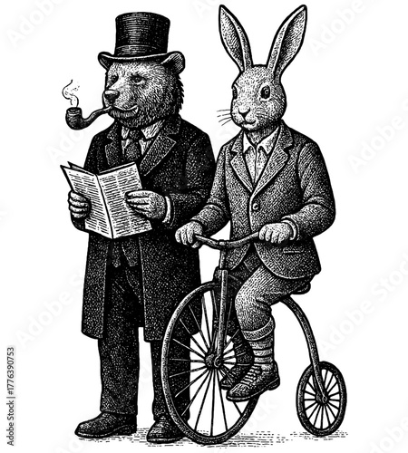 Bear and rabbit in vintage suits, retro engraving, photocopy art, halftone minimalism, anthropomorphic illustration black and white surrealism