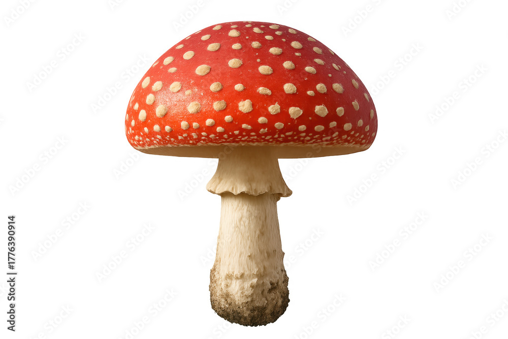 Naklejka premium Amanita muscaria fly agaric mushroom isolated, showing a red cap with white spots, poisonous toadstool on transparent background