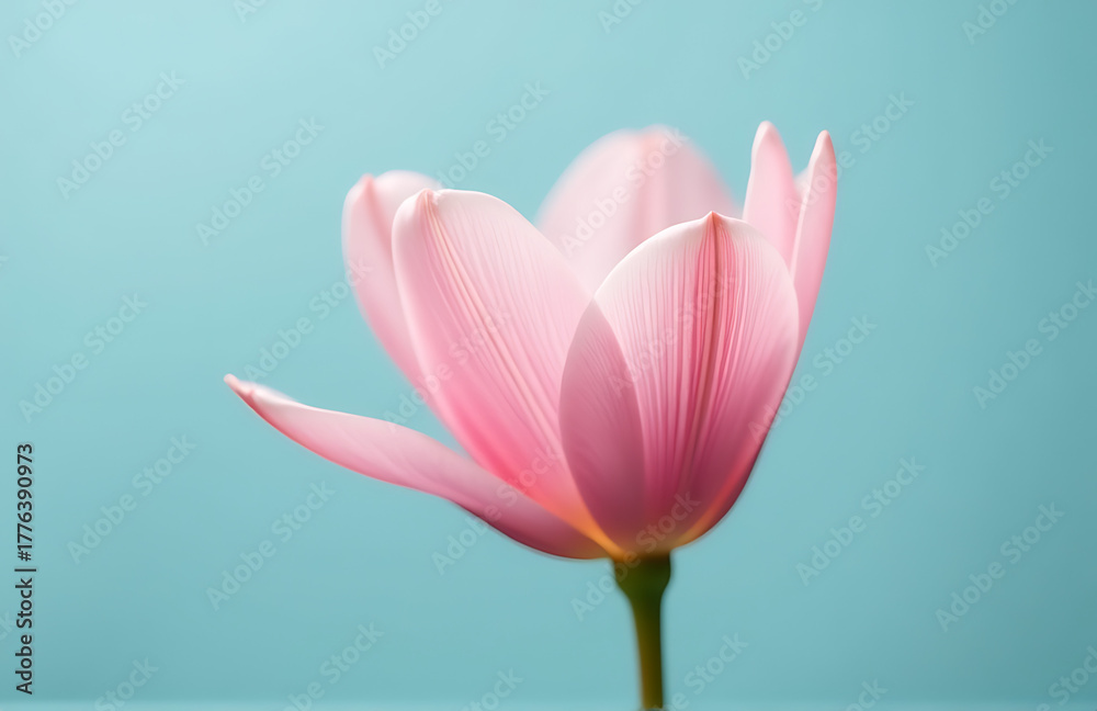 Fototapeta premium delicate pink bloom unfurls cerulean sky backdrop petals gentle curves subtle color gradations capturing