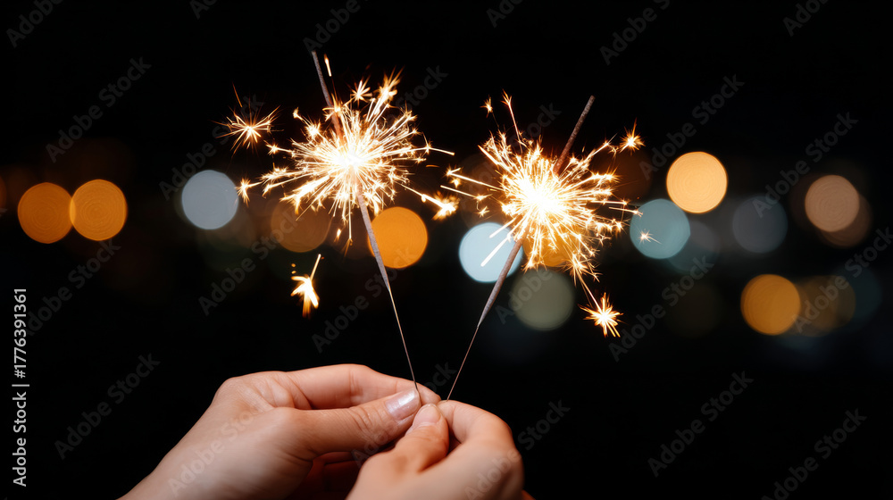 Obraz premium Close-up of hands holding two sparklers with bright sparks against a dark background with blurred colorful lights