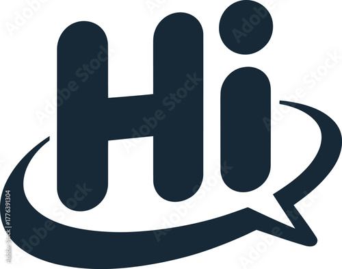 Simple dark typography says Hi inside a monochromatic speech cloud for instant communication