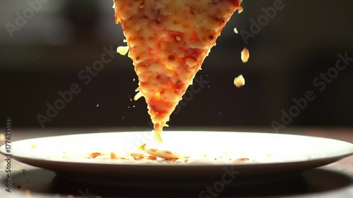 Pizza slice being placed on plate.