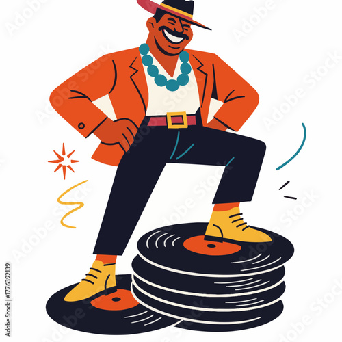 Confident Man Posing on Vinyl Records with Hands on Hips Against a Light Background