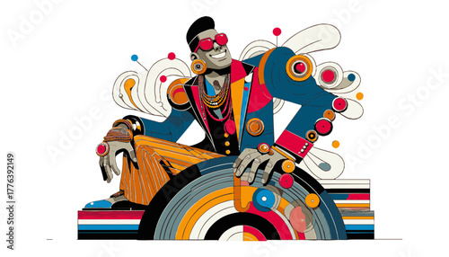 Stylish Man Lounging on a Large Vinyl Record with a Groovy Vibe Against a White Abstract Background