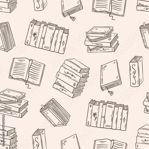 Pattern with vintage books. Hand-drawn seamless texture on beige background. Vector pattern with book doodles