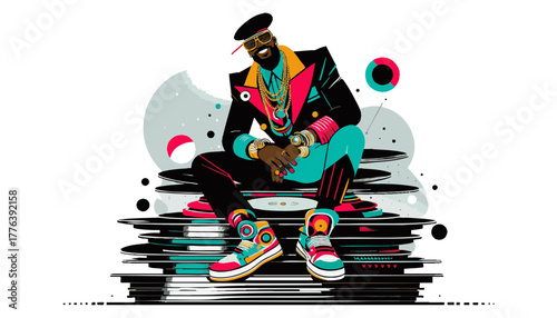 Cool Man Confidently Sitting on Stacked Vinyl Records Against a White Abstract Background with Copy Space