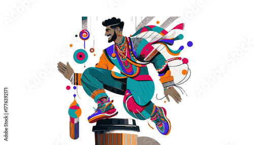Energetic Man Leaping Over a Coffee Cup in Vibrant Cultural Attire Against a Light Abstract Background