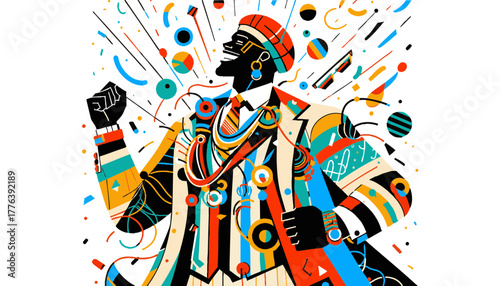 Triumphant Man with Raised Fist in a Vibrant Suit Amidst Colorful Abstract Lines Against a White Background with Copy Space