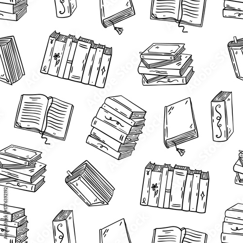 Pattern with vintage books. Hand-drawn seamless texture on white background. Vector pattern with book doodles