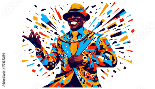 Joyful Man in a Vibrant Suit and Hat Celebrating with an Explosion of Color Against a White Background with Copy Space