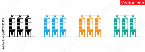 Elevate your designs with these vibrant grain elevator icons, perfect for illustrating agriculture, farming, and industrial processes with a modern aesthetic.