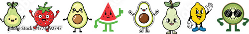 Set of Cute Cartoon Fruit Mascots: Avocado, Strawberry, Watermelon, and Lemon