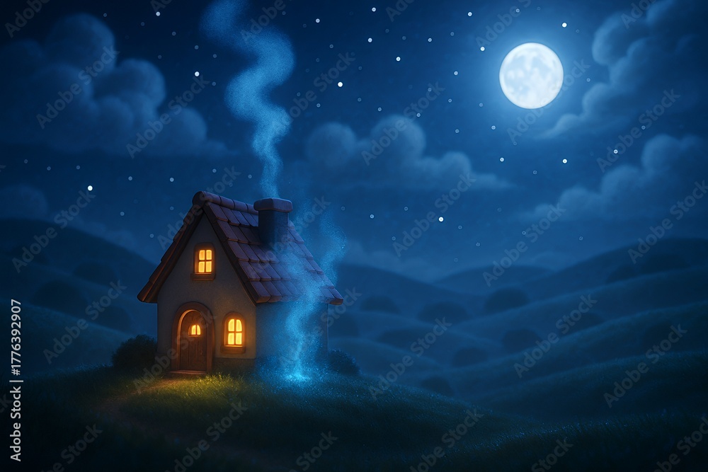 Naklejka premium Cozy cottage glows under a magical full moon night sky with swirling stardust, inviting warmth and wonder into your dreams.