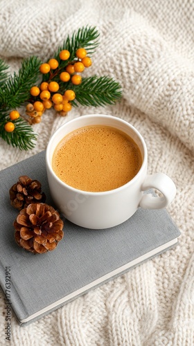 Cozy Autumn Scene with Coffee, Pinecones, and Knitted Blanket