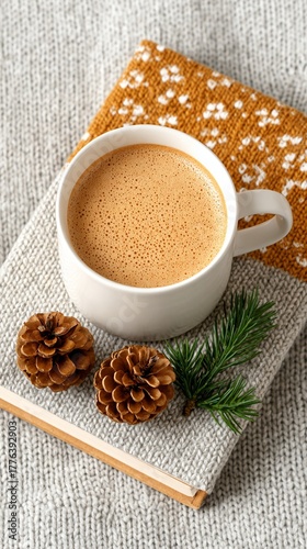 Cozy Winter Coffee with Pine Cones and Knitted Sweater Background