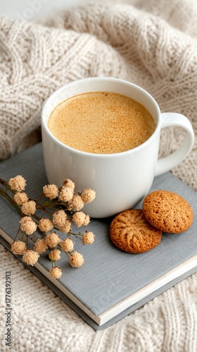 Cozy Autumn Setting with Warm Coffee, Cookies, and Knit Blanket