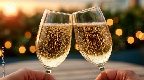 Celebratory Champagne Toast at Sunset with Bokeh Background