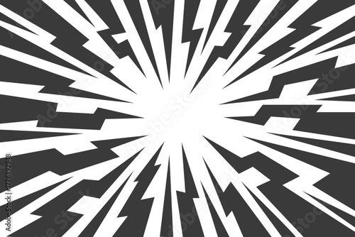 Comic background with radial thunders. Anime vector speed lines cartoon effect. Manga flashes and bolts frame. Electric energy rays and abstract power of shout and scream.