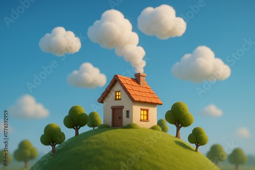 Charming cartoon house with smoking chimney sits atop a lush green hill under a bright blue sky with fluffy clouds and surrounding trees