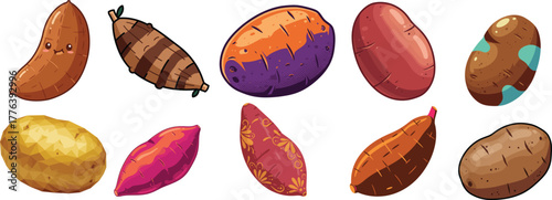 Colorful Cartoon Root Vegetables Potato Sweet Potato Yuca Vector