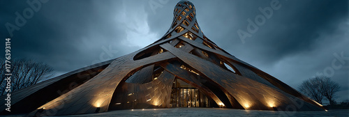 Futuristic Architectural Marvel A Striking Modern Design with Intricate Wooden Structure and Dramatic Lighting
