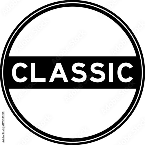 Black color round seal sticker in word classic on white background