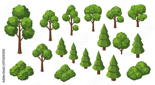Flat Design Isometric Cartoon Tree and Bush Vector Set - Game Assets