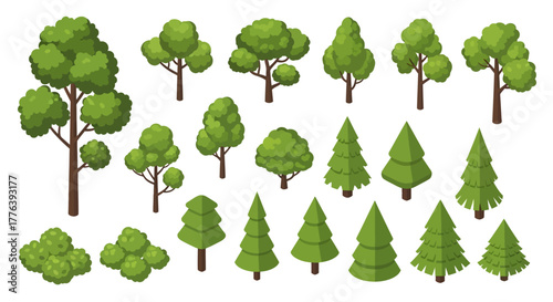Flat Design Isometric Cartoon Tree and Bush Vector Set - Game Assets