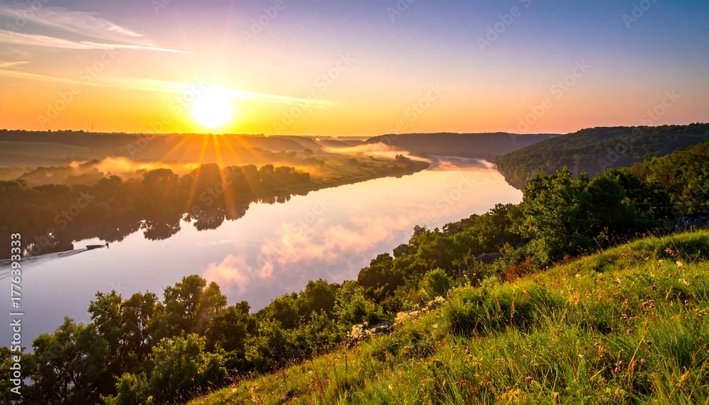 Obraz premium Panoramic vista featuring a serene river flowing between lush green hills. The sun rises, casting warm light, creating a tranquil scene