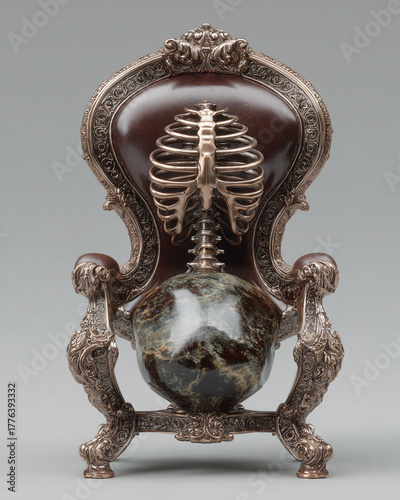 Exquisite antique chair sculpture intricately merging a human ribcage and a marbled sphere, a symbolic artwork reflecting the concept of life's delicate balance and legacy