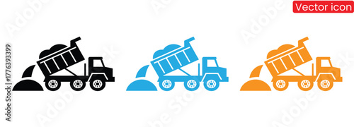 Vector dump trucks unloading dirt for construction sites in black, blue, and orange deliver supplies to new home building projects for contractors and development.