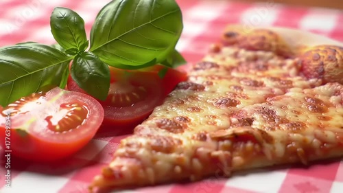 Pizza slice with tomatoes, and basil on checkered.