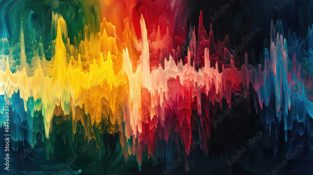 Obraz premium Vibrant color spectrum soundwave abstract with energetic distorted waves in red, yellow, and green tones