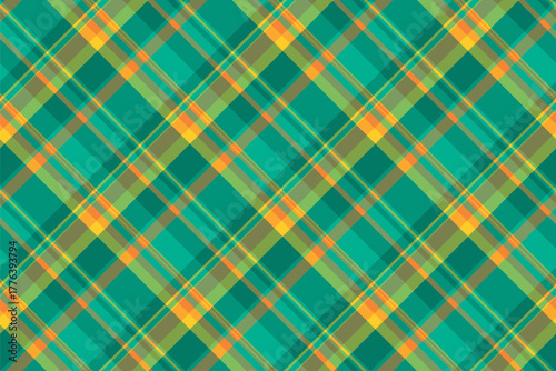 Linear tartan fabric seamless, silky background textile check. Professional vector texture pattern plaid in green and teal colors.